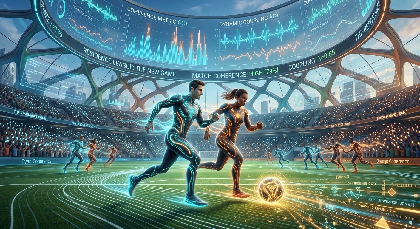 Konzeptillustration eines futuristischen Resonanz-Fußballspiels mit cyanfarbenem und orangem Team sowie eingeblendeten Kohärenzmetriken
